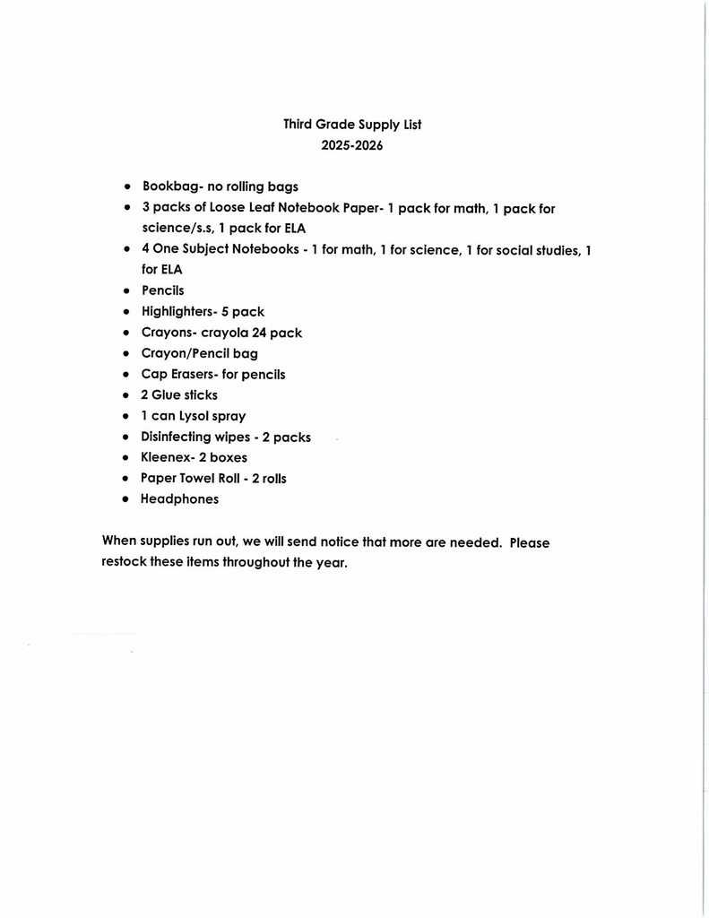 Third Grade Supply List