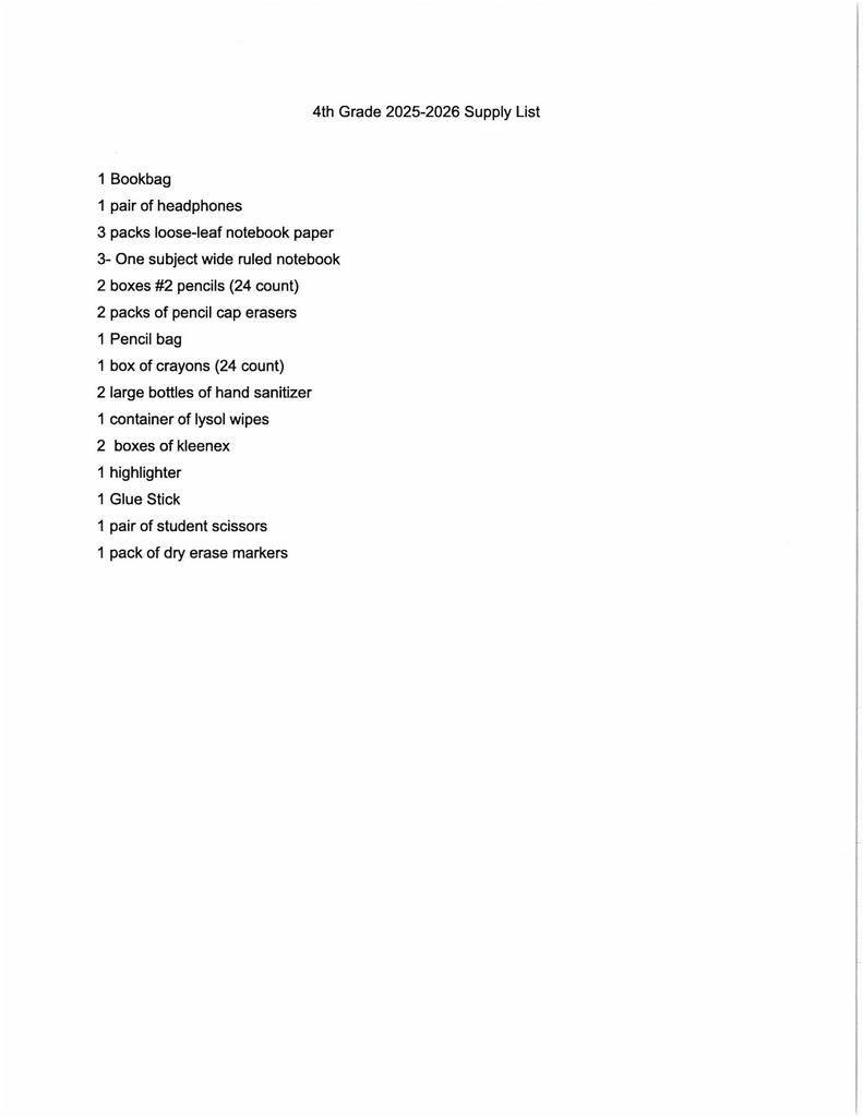Fourth Grade Supply List