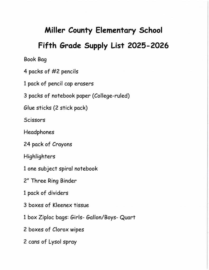 Fifth Grade Supply List