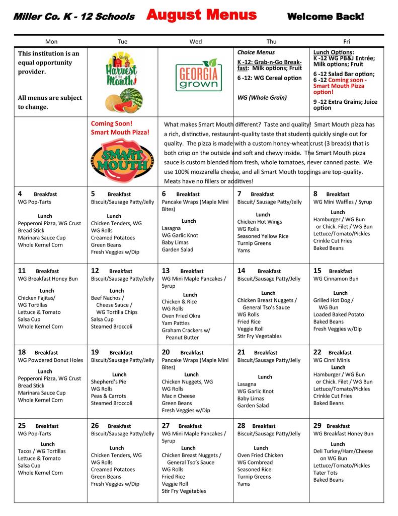 August Lunch Menu