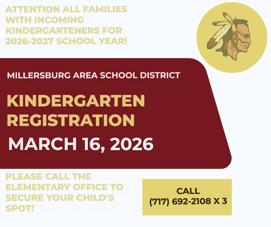 Dear Families and Community Members, We are excited to announce that kindergarten registration will take place on March 16 for the 2026–2027 school year. Please share this information with any families who may be starting kindergarten next year. Our kindergarten teachers and staff are looking forward to meeting our incoming students and welcoming them to our school community. If you have any questions or need additional information, please contact the elementary school office at 717-692-2108 ext. 3. We can’t wait to begin this exciting journey with our newest learners! Warm regards, Elementary School Principal