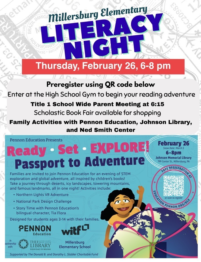 Dear Families, This is a friendly reminder that our Literacy Night will be held on February 26th from 6:00–8:00 PM at the Manning and Johnson Gym. We are excited to partner with Pennon Education and Johnson Library to make this a truly special evening for our students and families. There will be exciting learning stations, a meet-the-author opportunity, face painting, and many more engaging activities designed to celebrate the joy of reading and learning together. Please plan to sign in at the Manning Gym entrance when you arrive. We look forward to seeing your family there for this fun and meaningful night! Warm regards, Mr. Cowger