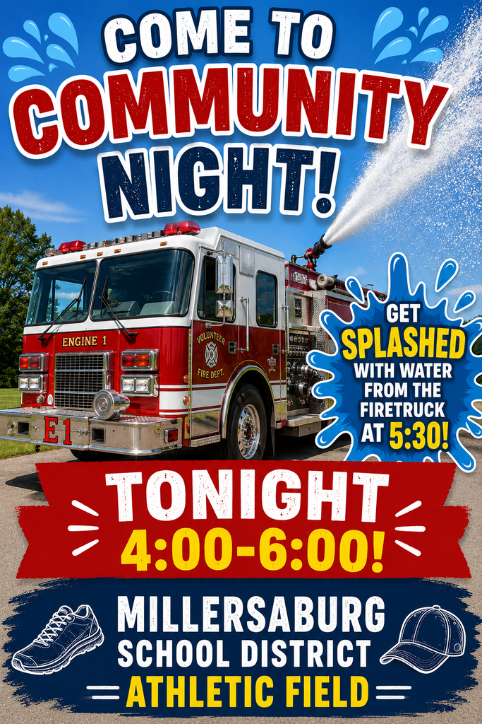 🚒💦 Community Night is TONIGHT! 💦🚒  Join us from 4:00–6:00 PM at the Millersburg School District Athletic Field for an evening of family fun, community spirit, and cool surprises!  🔥 Don’t miss the BIG splash at 5:30 PM when the firetruck sprays water for the kids (and brave adults too)! Bring a towel and get ready to cool off! 😄  We can’t wait to see everyone out for a fun-filled evening together! ❤️🖤 #CommunityNight #MillersburgPride #FamilyFun #FiretruckSplash #MillersburgSD