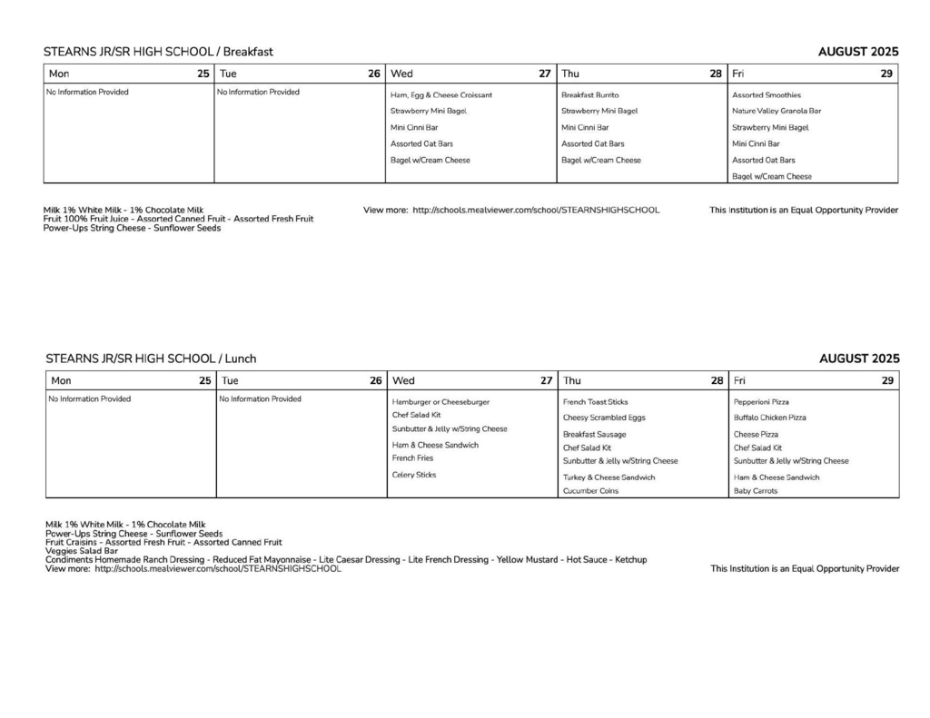 Stearns August Breakfast & Lunch Menu
