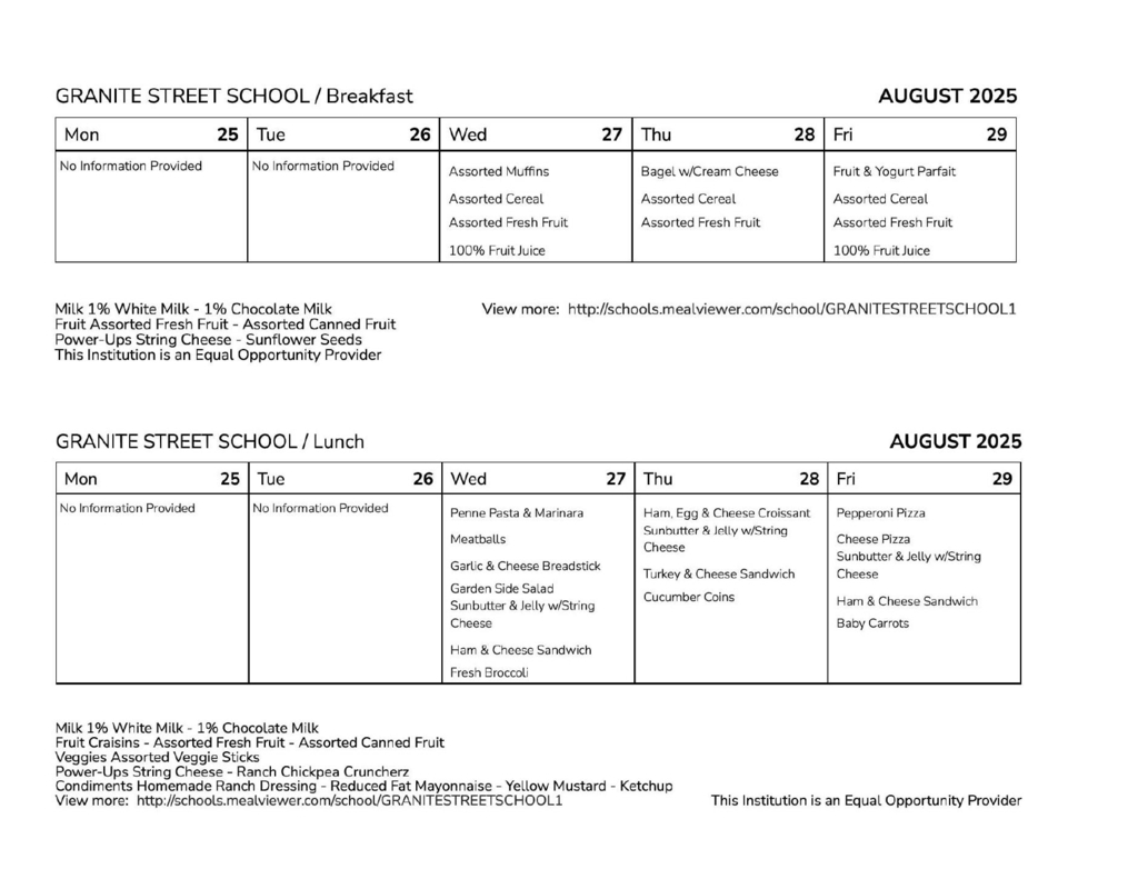 Granite Street August Breakfast & Lunch Menu