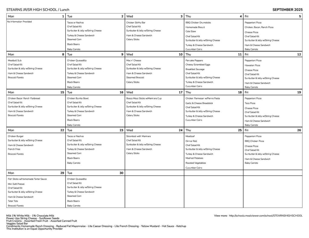 Stearns Lunch Septmember Menu