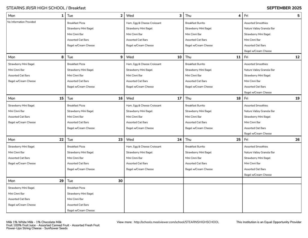 Stearns Breakfast September Menu
