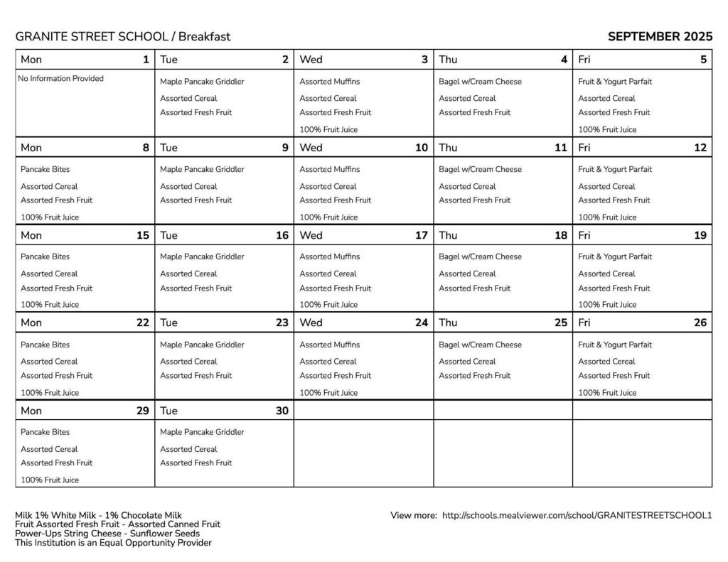 Granite Street September Breakfast Menu