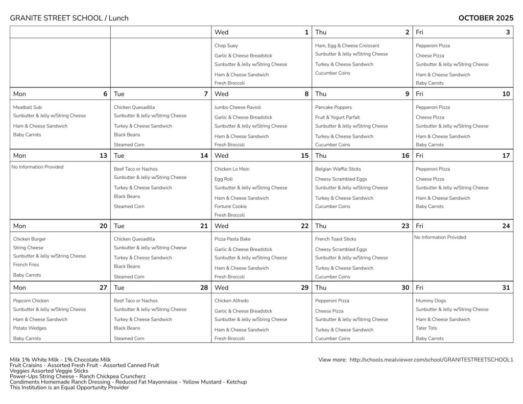 Granite Street October Lunch Menu