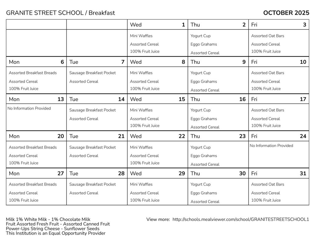 Granite Street October Breakfast Menu