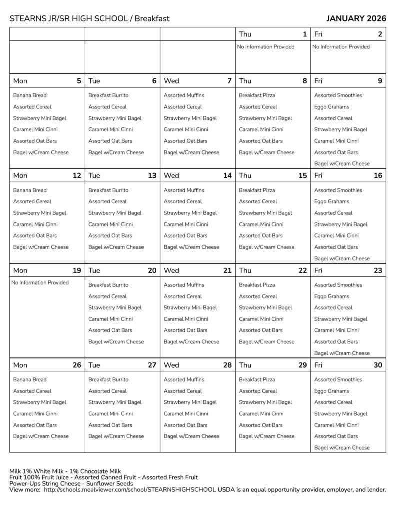 Stearns January 25 Breakfast Menu