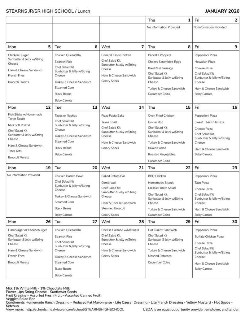 Stearns January 25 Lunch Menu