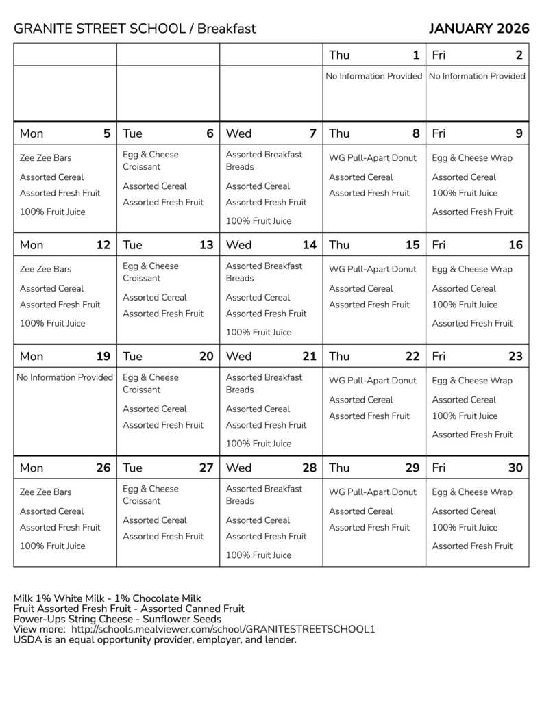 Granite Street January 25 Bfast Menu