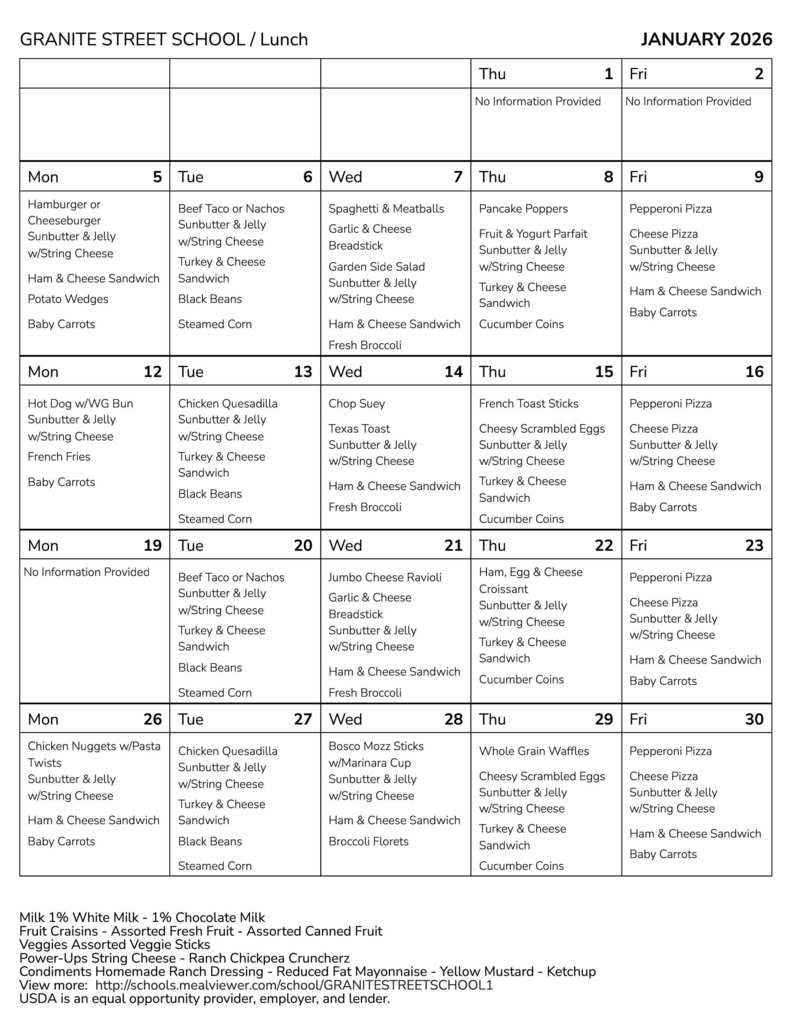 Granite Street January 25 Lunch Menu
