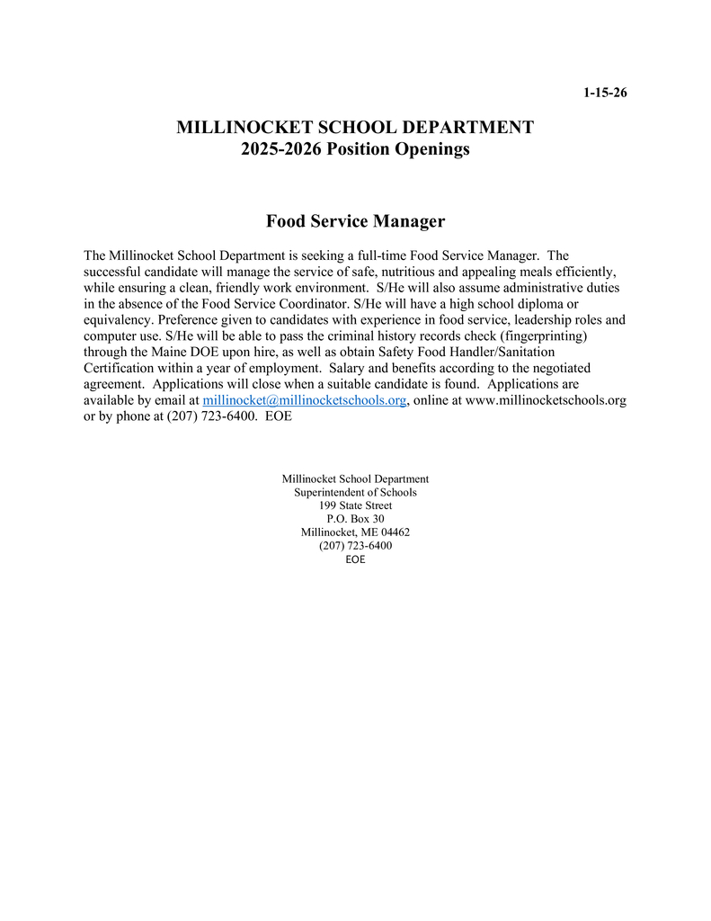 Food Service Manager Position