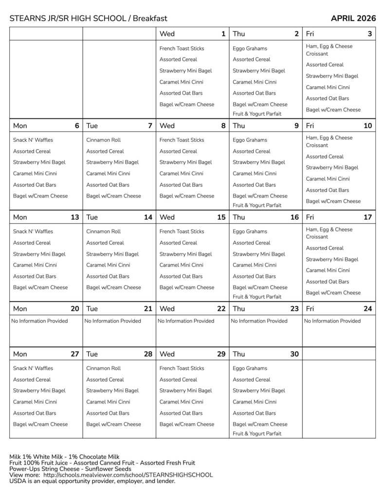 SHS April Breakfast Menu