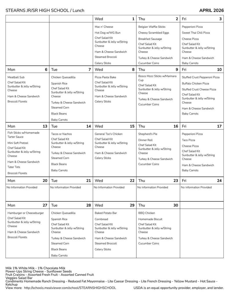 SHS April Lunch Menu