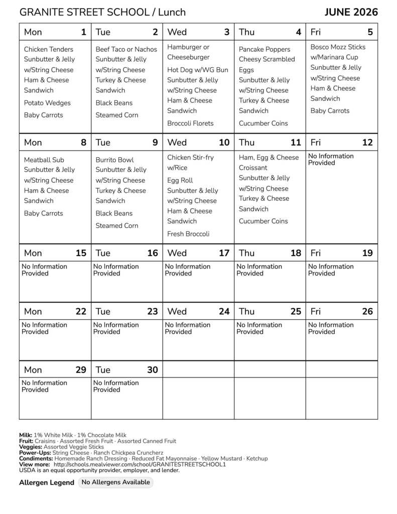 Granite Street June 26 Lunch Menu