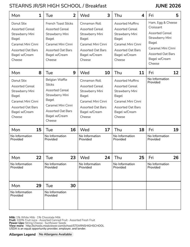 Stearns June 26 Breakfast Menu