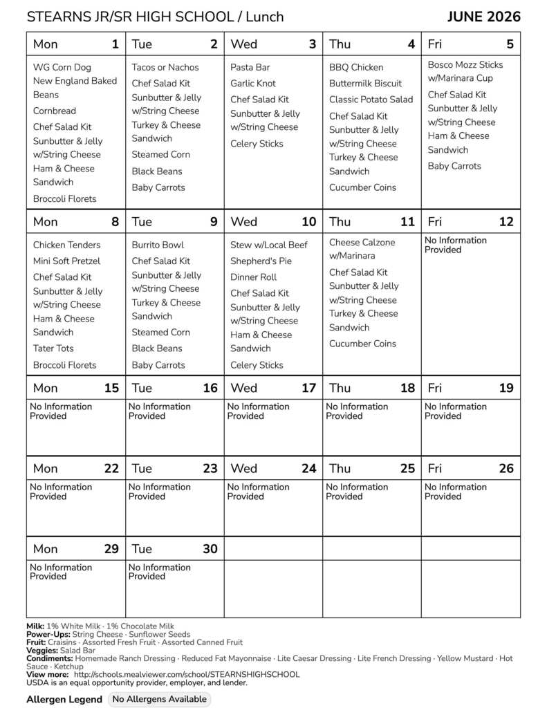 Stearns June 26 Lunch Menu
