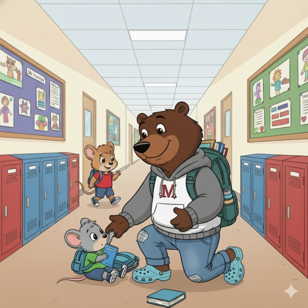 Clyde being kind dressed as a student
