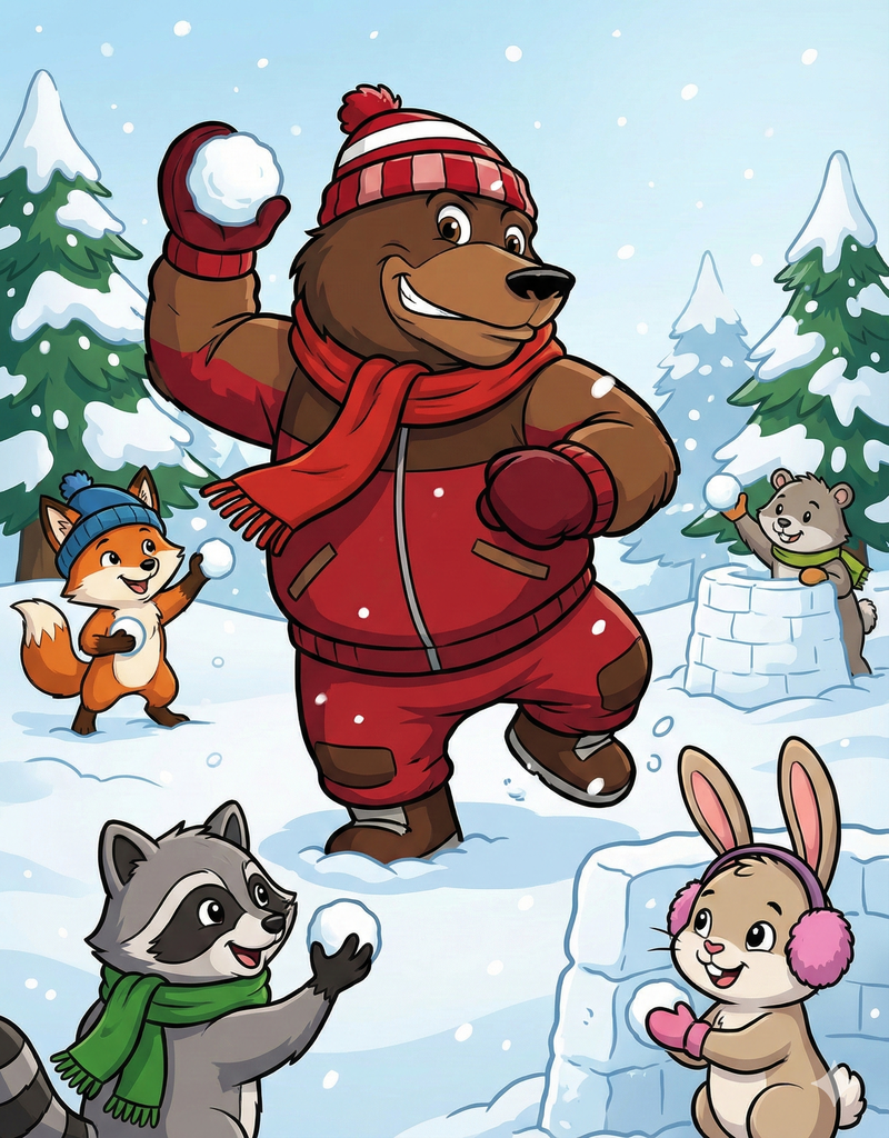 Clyde and friends in a snowball fight