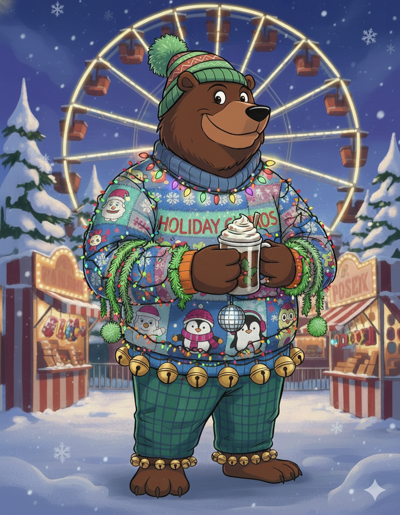 Clyde in an ugly holiday sweater