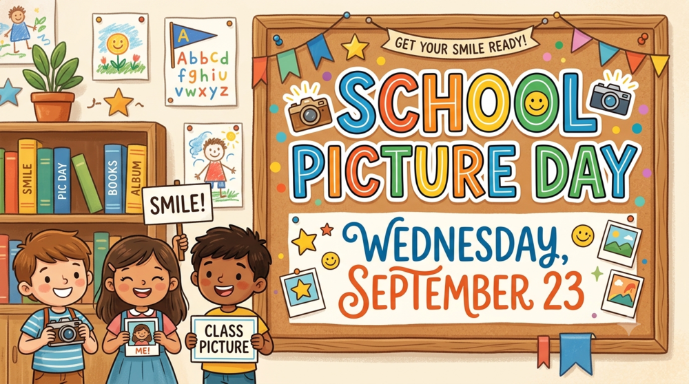 cartoon children smiling and holding a camera, photo, and poster that says class picture. they are in a colorful classroom