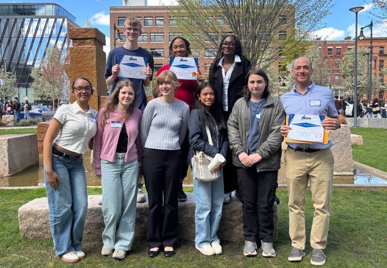 From Left to Right, top row to bottom: Griffin Angus, Layla Raymond, Osayamen Egbon, Aaliah Liriano, Catherine Mayo, Sophie Shaw, Lila Asanza, Aidan Leschuk, and Mr. Young (holding Adam Cheairs's award)