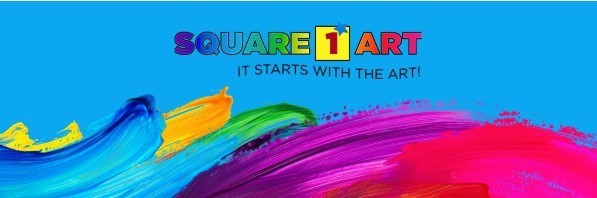 bright blue poster with rainbow letters saying "Square 1 Art, it starts with the art!" rainbow of paint brush strokes underneath