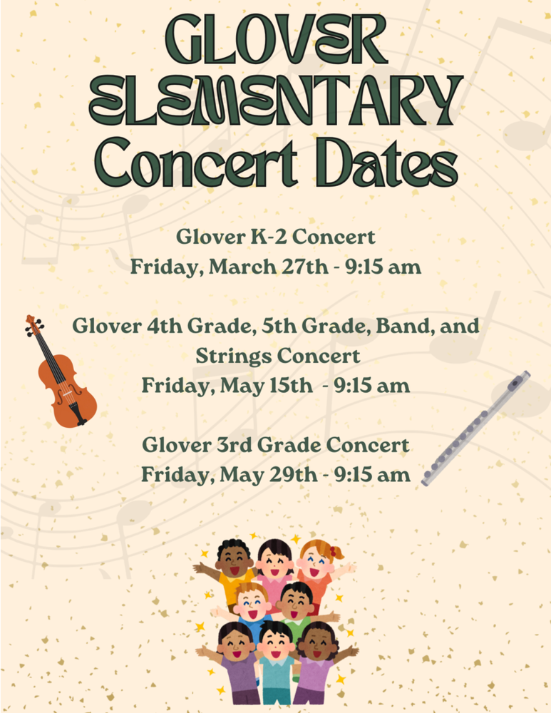 beige background with clipart of children singing, a violin, and a flute