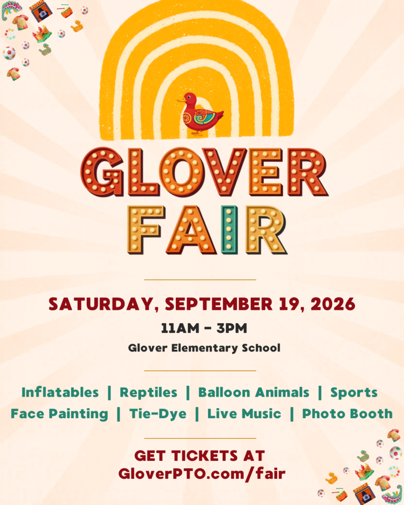 colorful text with an all yellow rainbow and red duck, the text describes the glover fair