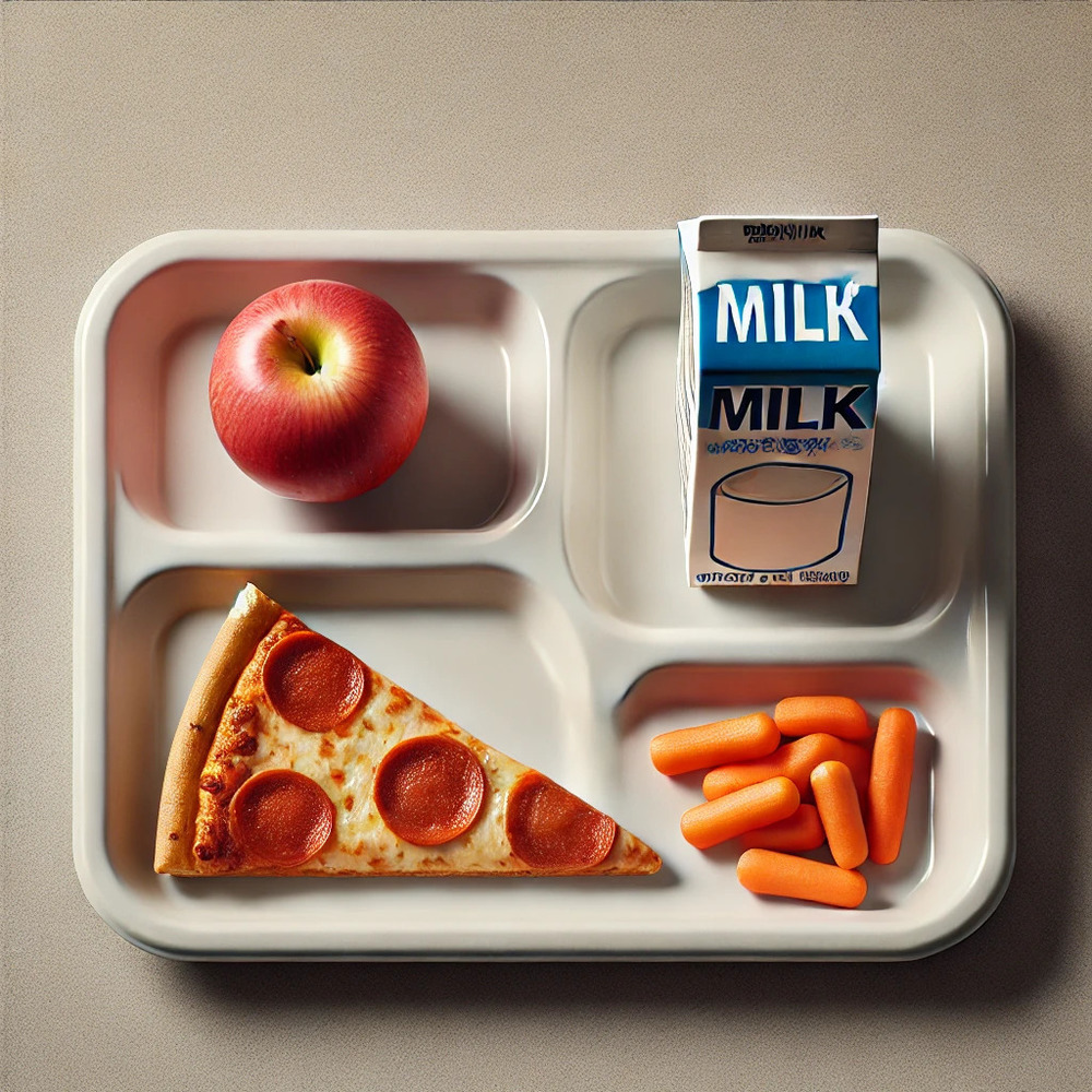 DALL·E 2025-08-18 09.08.00 - An overhead view of a basic, realistic school lunch on a tray. The tray contains a single slice of pizza, a small serving of baby carrots, apple slice.jpg