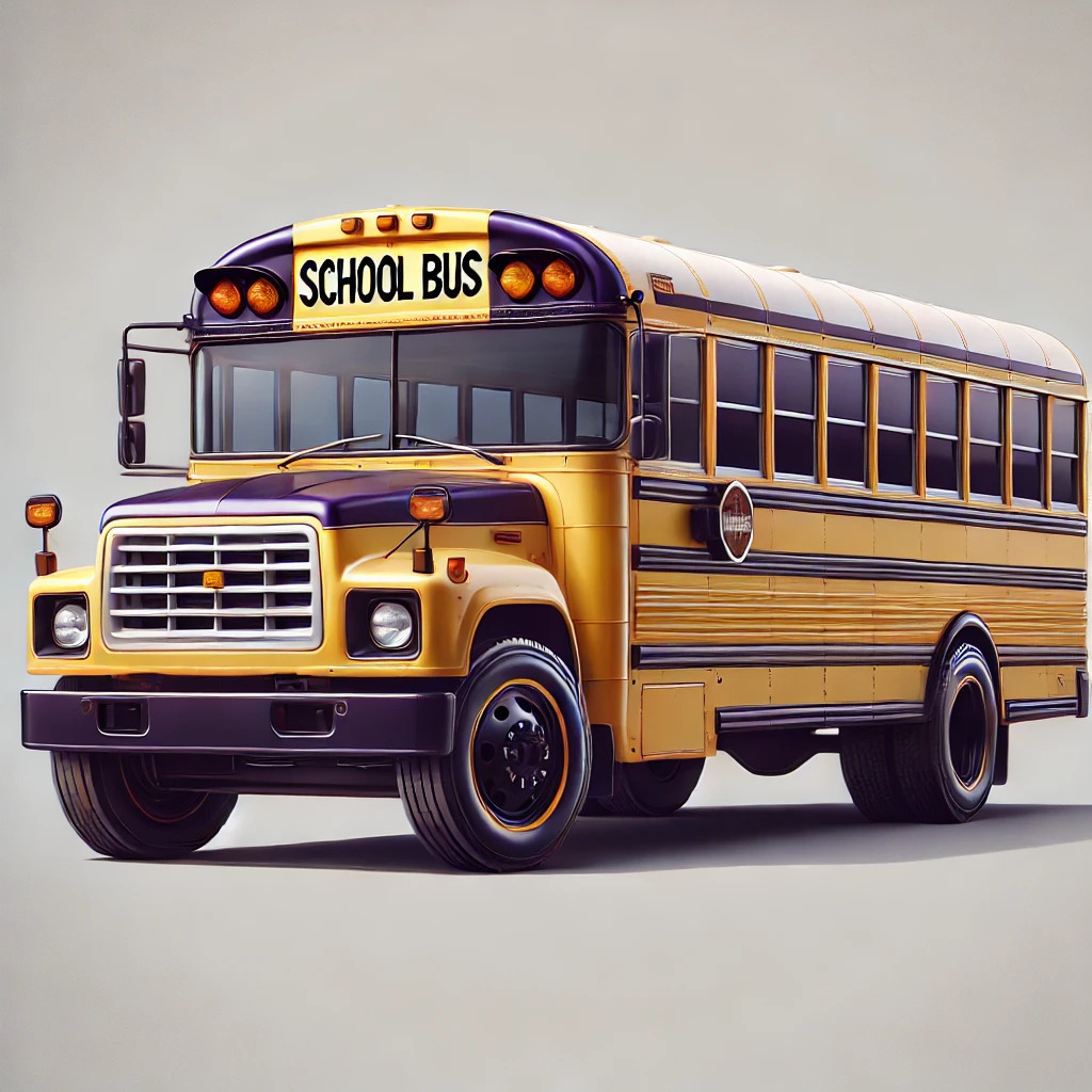 A traditional American school bus with a realistic design, painted in a clean purple and gold color scheme. The bus has a classic rectangular body.