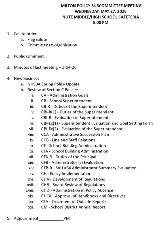 May 27, 2026 Milton School Board Policy Committee Agenda
