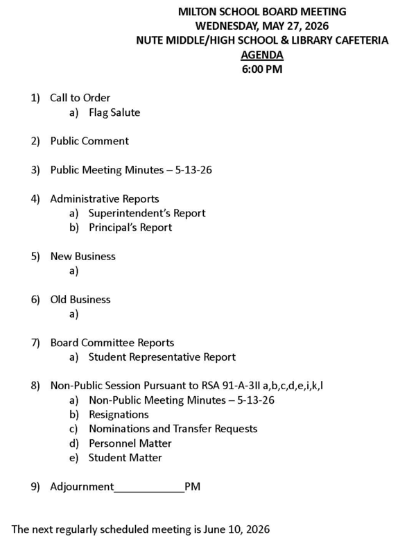 May 27, 2026 Milton School Board Agenda