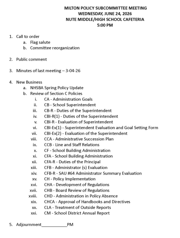 Milton School Board Policy Committee Agenda