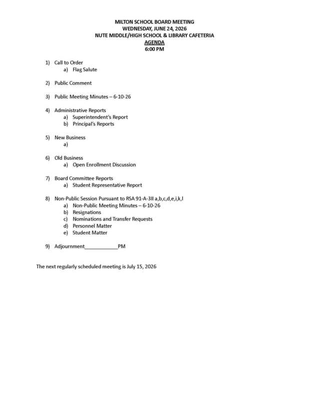 June 24, 2026 Milton School Board Agenda