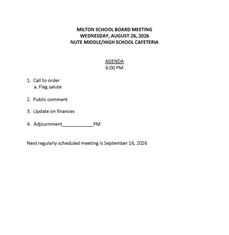 August 26, 2026 Milton School Board Meeting