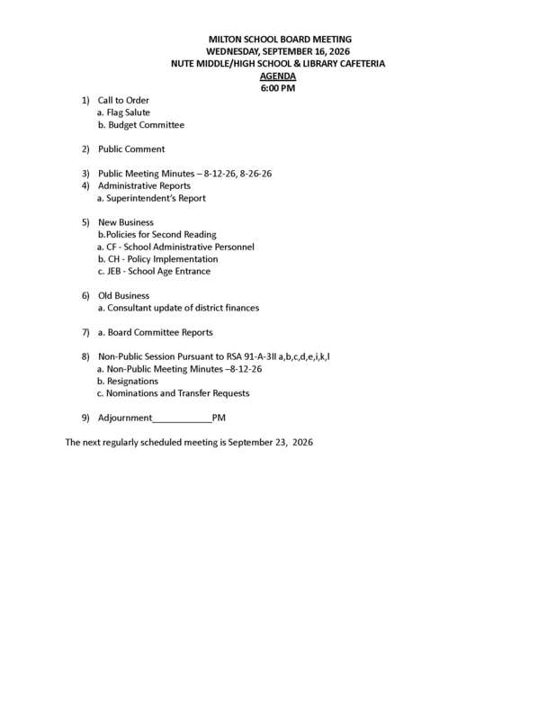 Milton School Board Meeting September 16, 2026