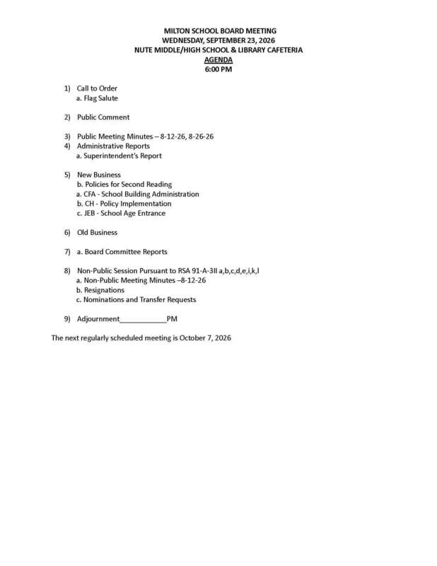 Milton School Board Meeting September 23, 2026