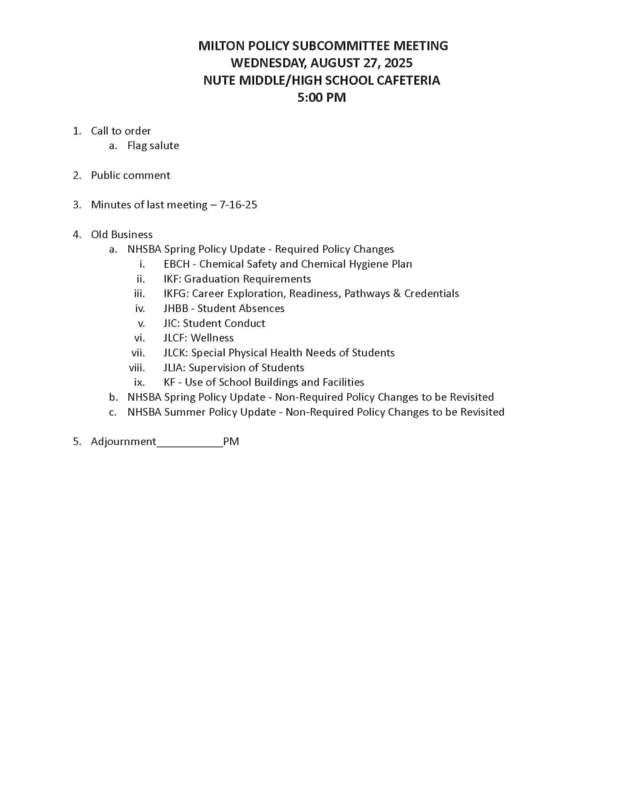 August 27, 2025 Milton School Board Policy Committee Agenda