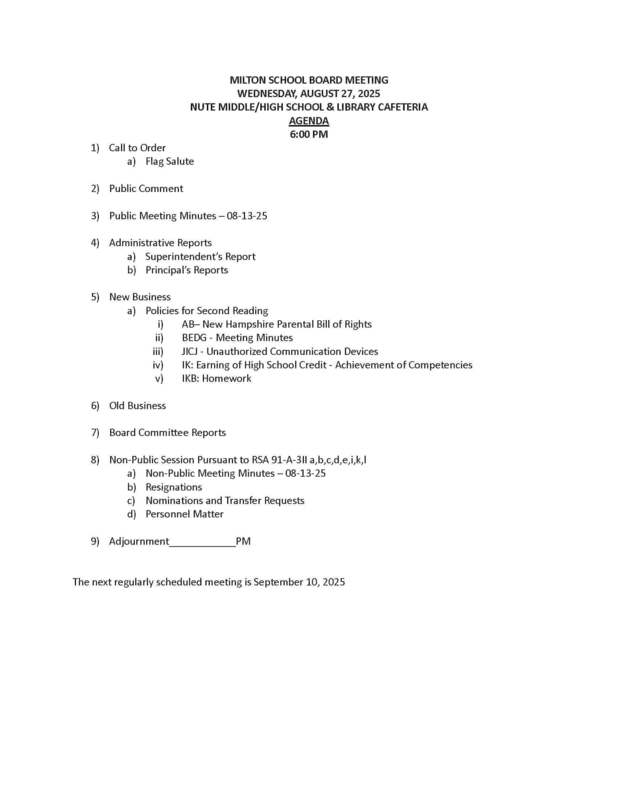 August 13, 2025 Milton School Board Agenda