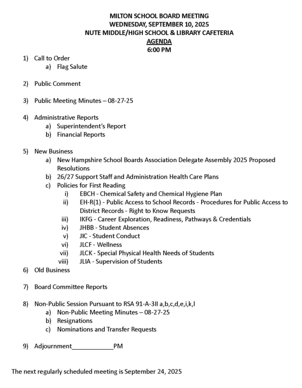 September 10, 2025 Milton School Board Agenda