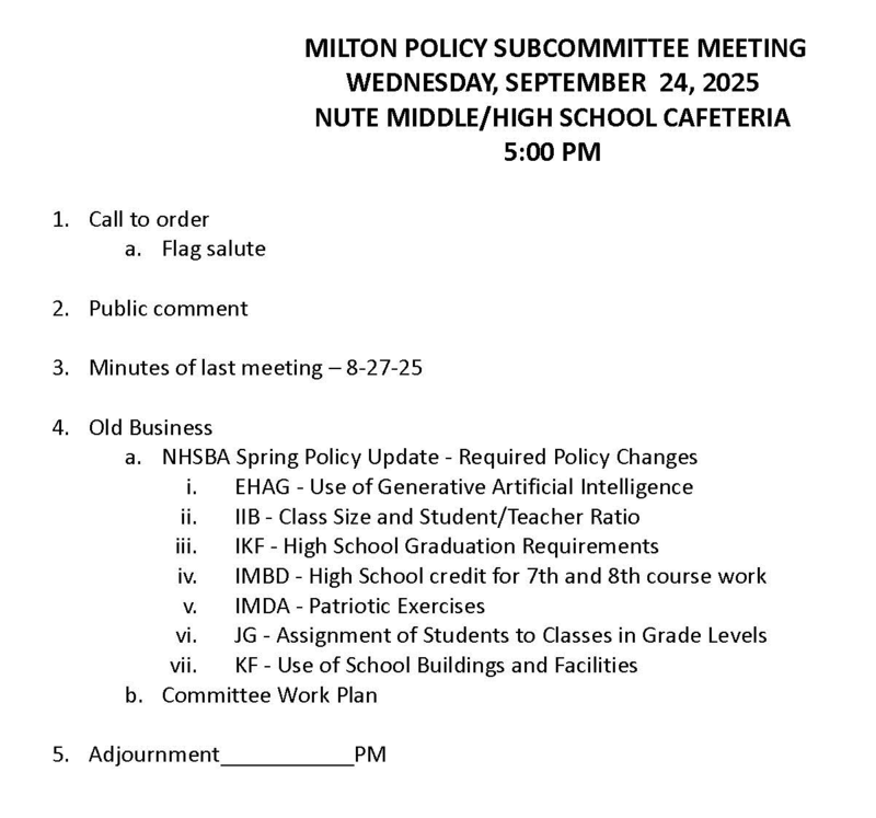 September 24, 2025 Milton School Board Policy Committee Agenda