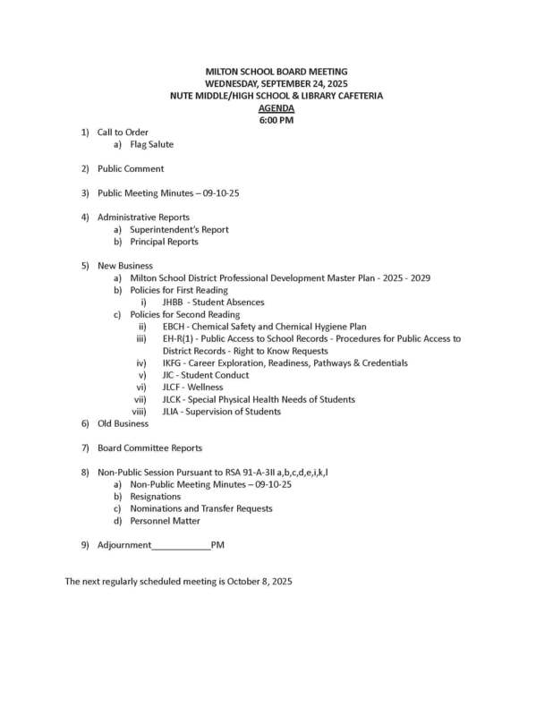 September 24, 2025 Milton School Board Agenda