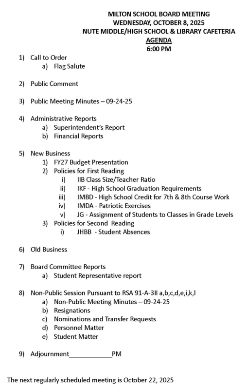 October 8, 2025 Milton School Board Agenda