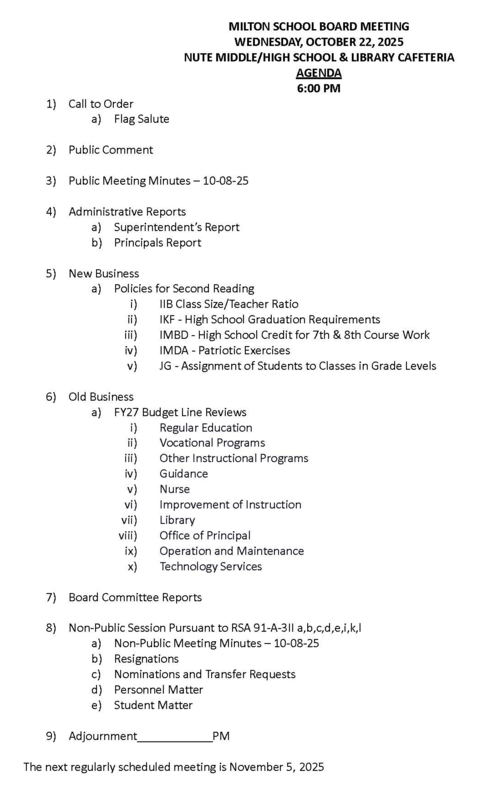 October 22, 2025 Milton School Board Agenda