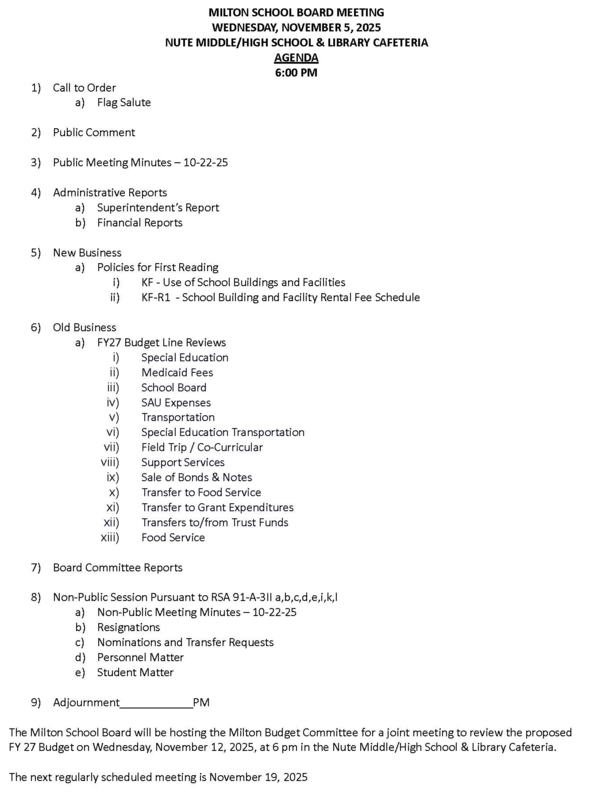 November 5, 2025 Milton School Board Agenda