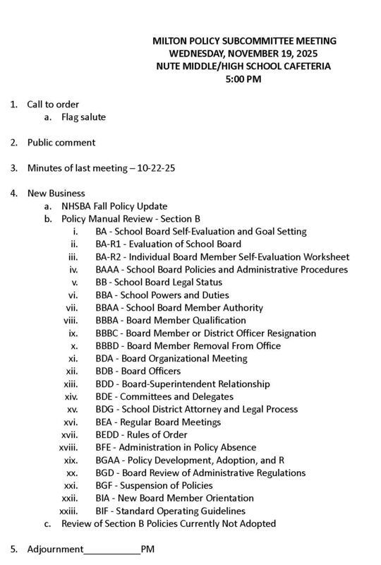 Milton School Board Policy Agenda  11/19/2025